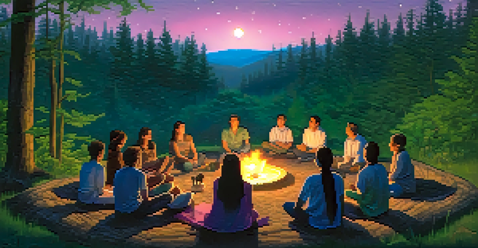 A peaceful gathering of people in a forest for a Peyote circle, with a fire in the center and glowing lanterns around.