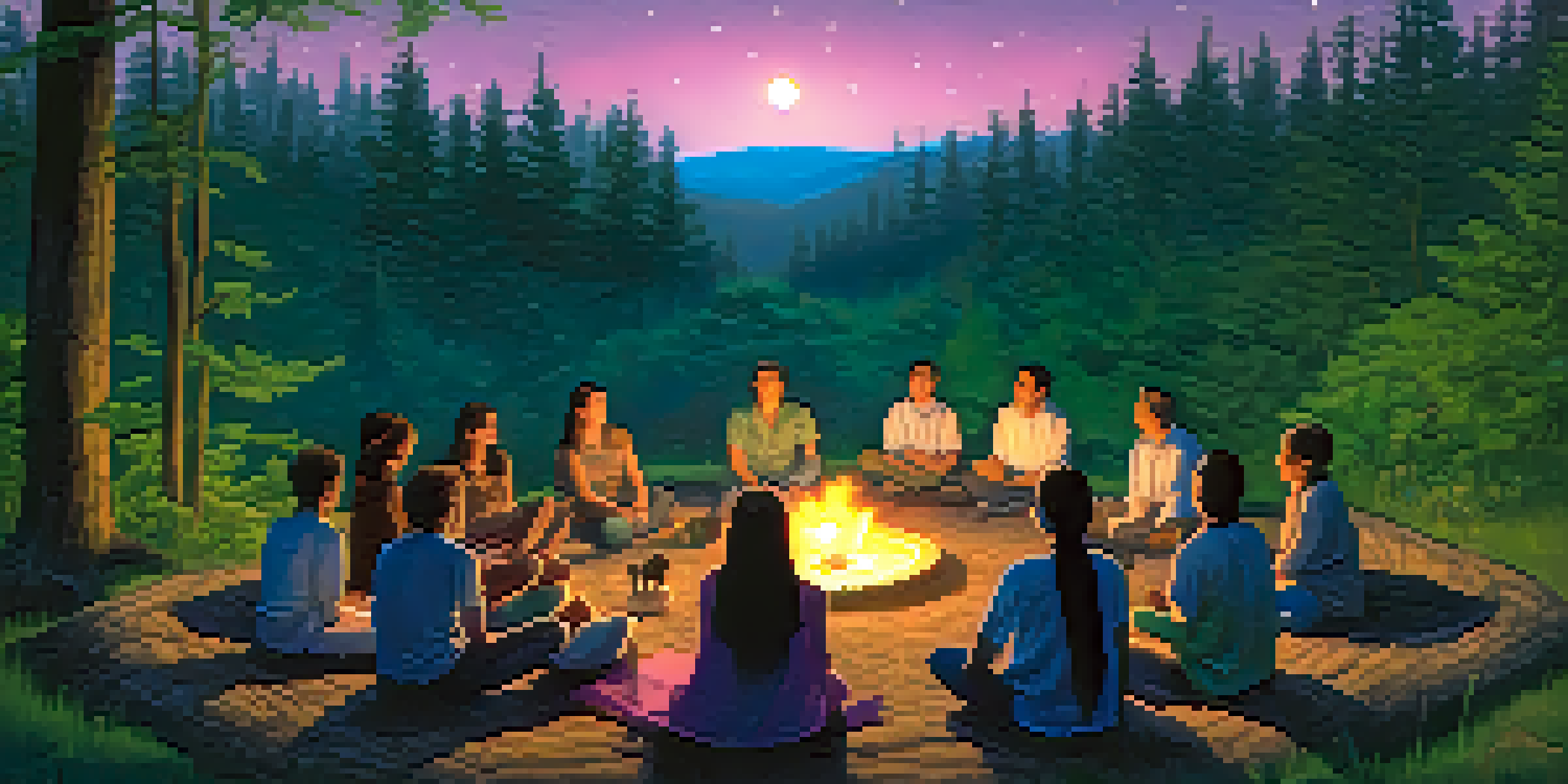 A peaceful gathering of people in a forest for a Peyote circle, with a fire in the center and glowing lanterns around.