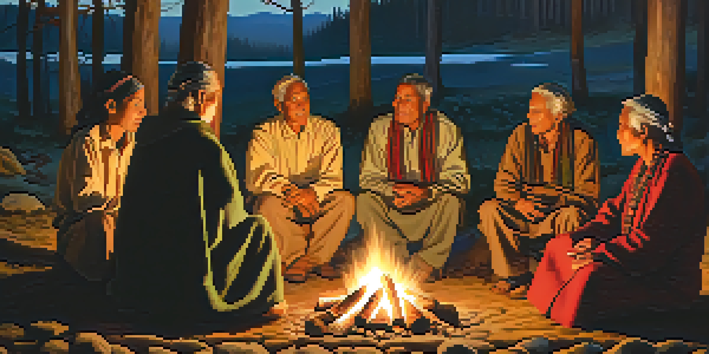 An elder sharing stories around a warm fire with young listeners in a forest setting during dusk.