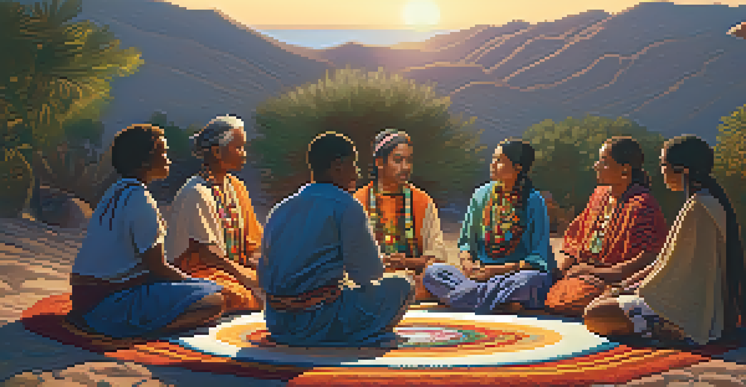 A diverse group of people sitting in a circle during a peyote ceremony, surrounded by colorful textiles and natural elements.