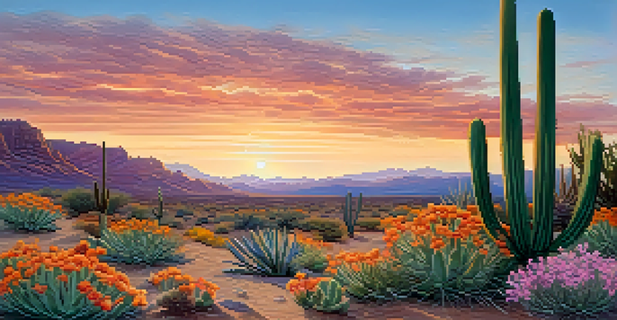 A peaceful desert scene with a small peyote cactus and colorful wildflowers at sunset.