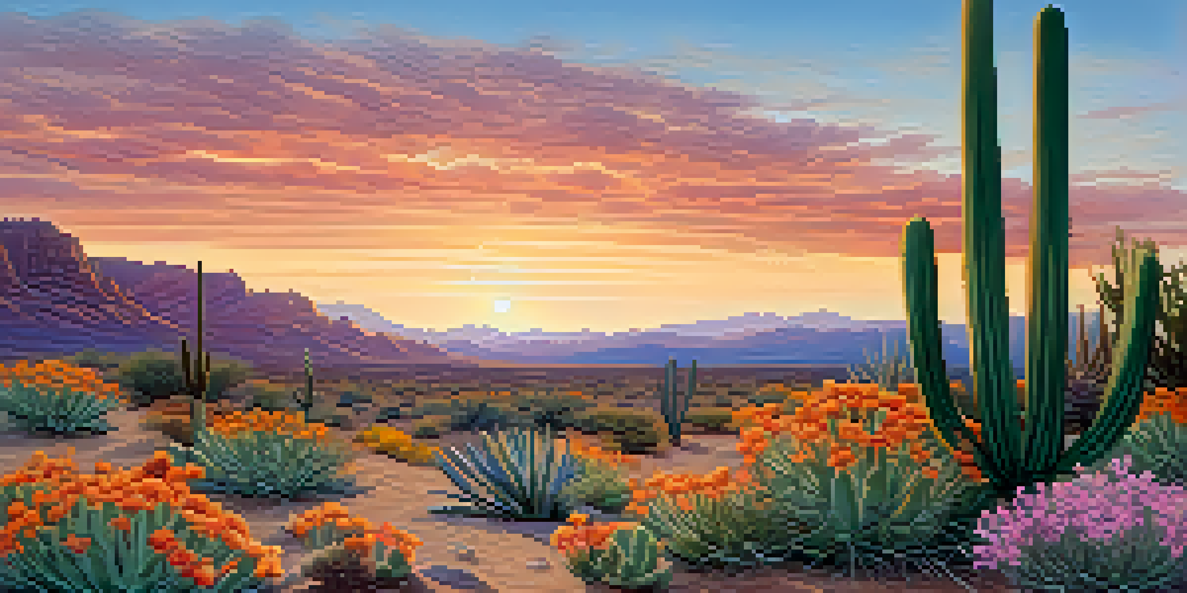A peaceful desert scene with a small peyote cactus and colorful wildflowers at sunset.