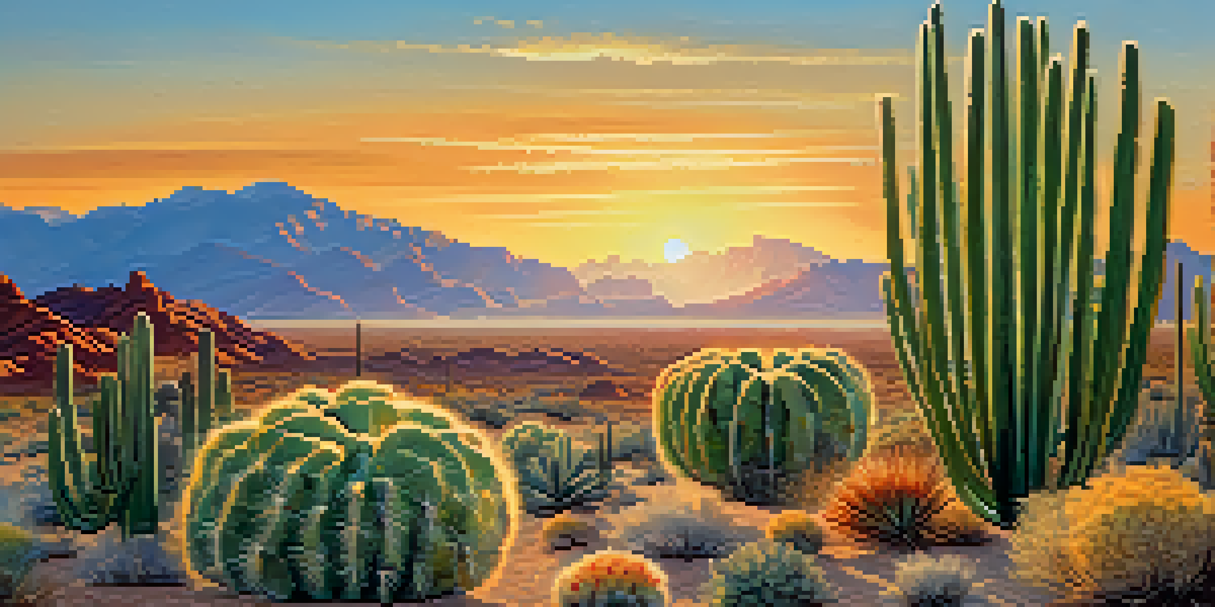 A peyote cactus surrounded by desert plants under warm golden sunlight with mountains in the background.