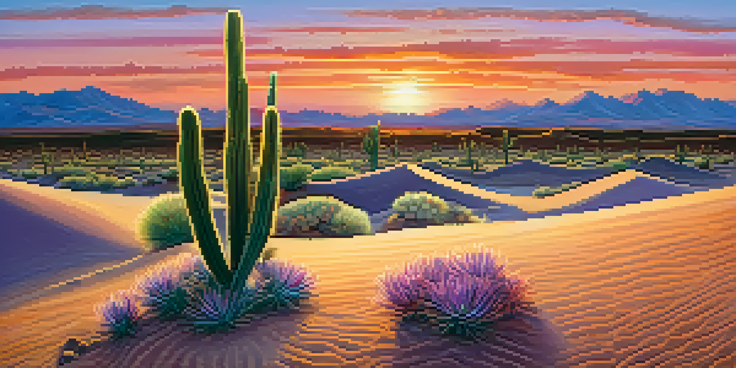 A peaceful desert scene with a small peyote cactus at sunset, highlighting the vibrant colors of the sky and the texture of the sand.