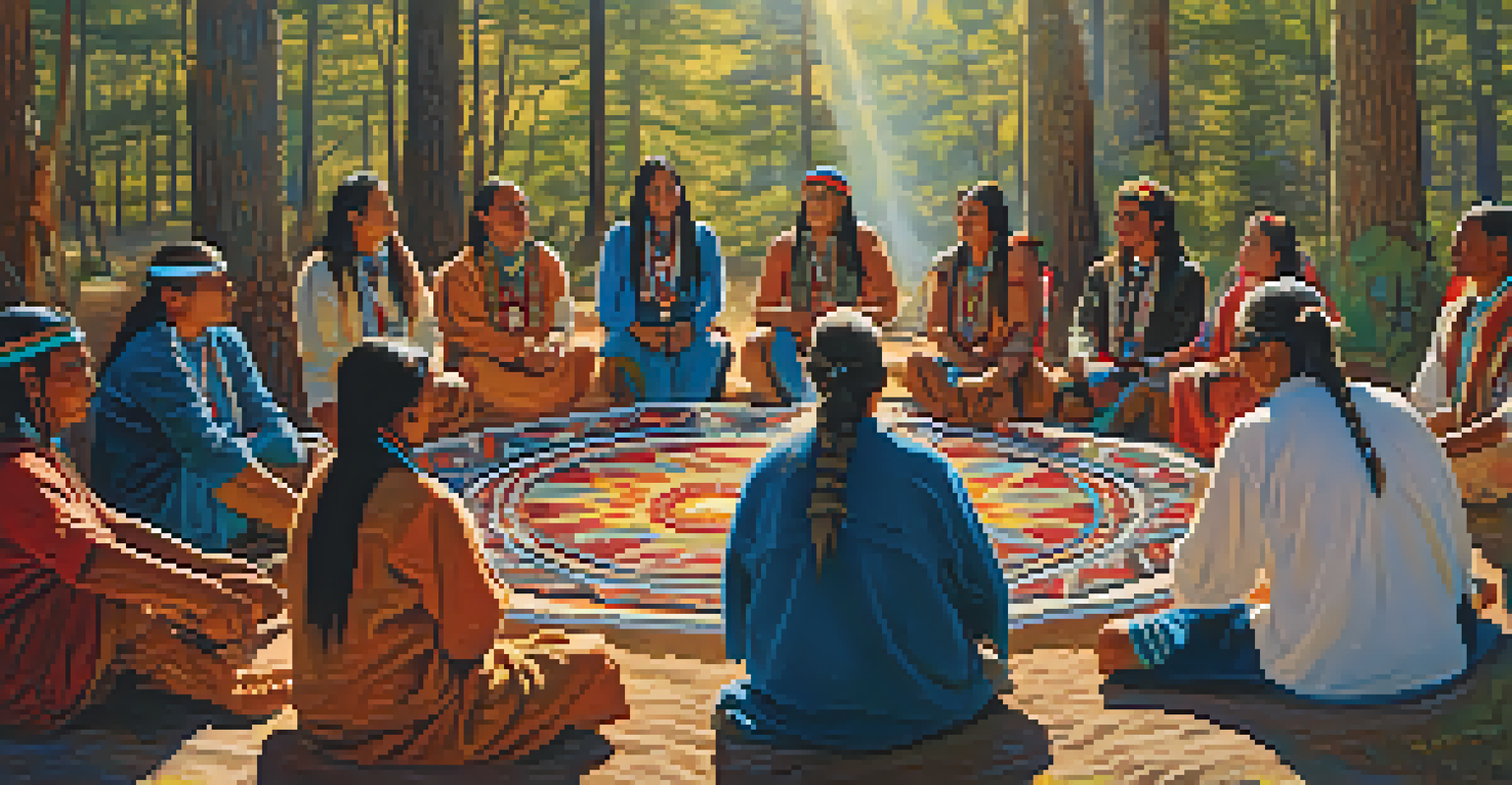 Native American individuals in traditional attire participating in a peyote ceremony in a natural setting with a fire pit.