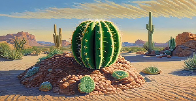 A close-up view of a peyote cactus with green body and spiky areoles, set against a sandy desert landscape with a blue sky.