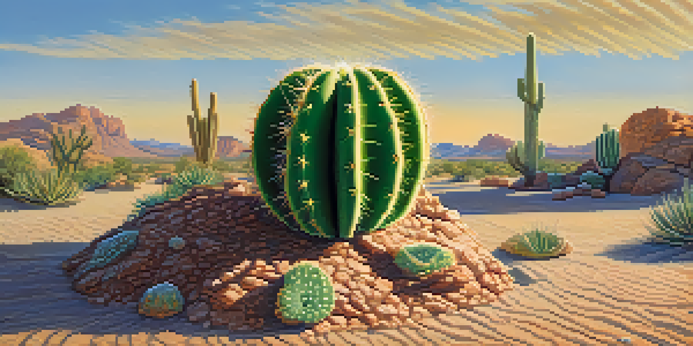 A close-up view of a peyote cactus with green body and spiky areoles, set against a sandy desert landscape with a blue sky.