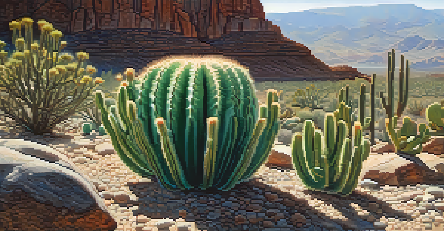 A close-up of a peyote cactus in the desert, showcasing its textures and colors, with rocky landscapes in the background.