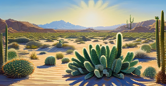 A close-up view of peyote cacti in a sunny desert landscape with sand dunes in the background.