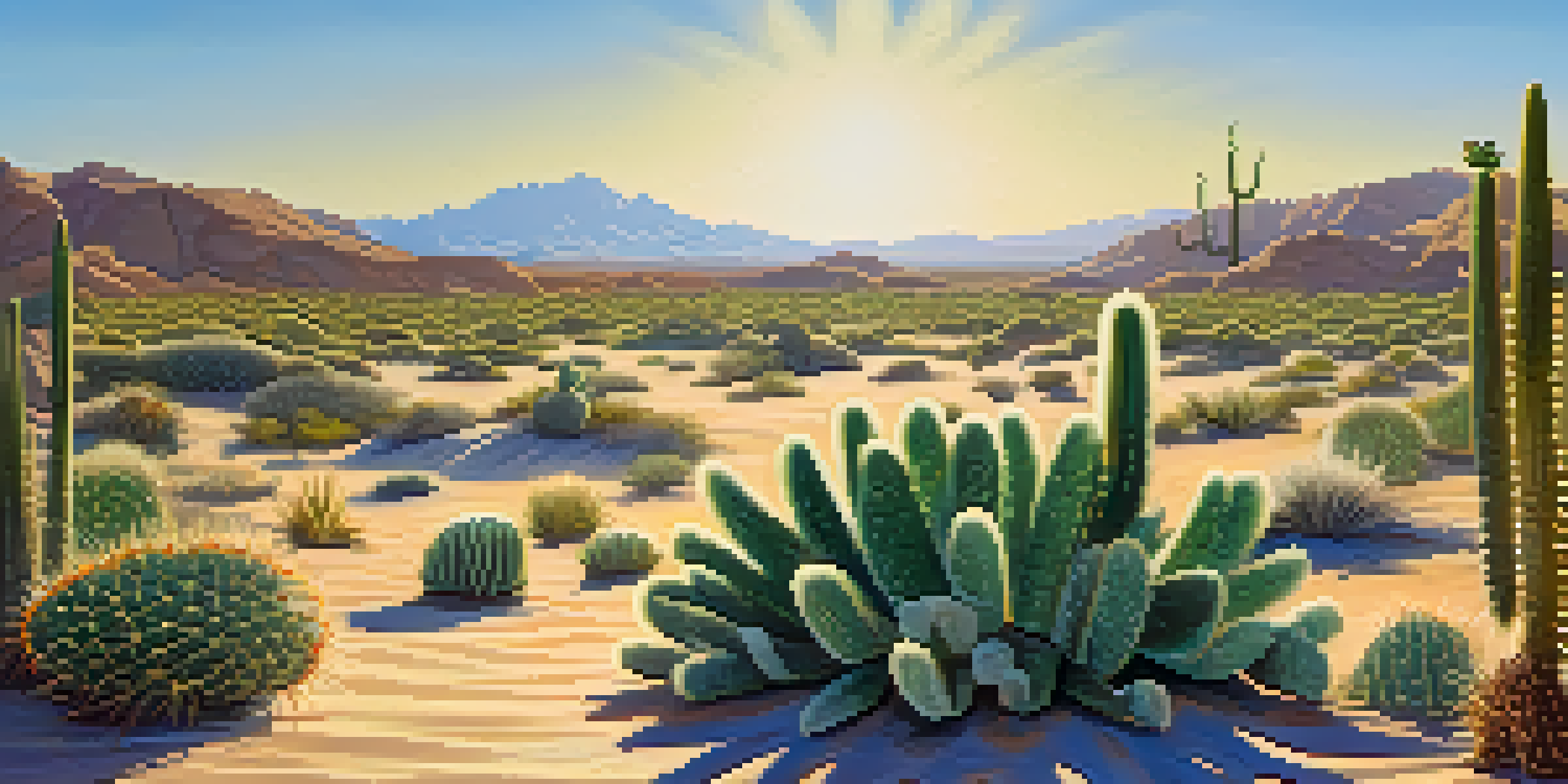 A close-up view of peyote cacti in a sunny desert landscape with sand dunes in the background.