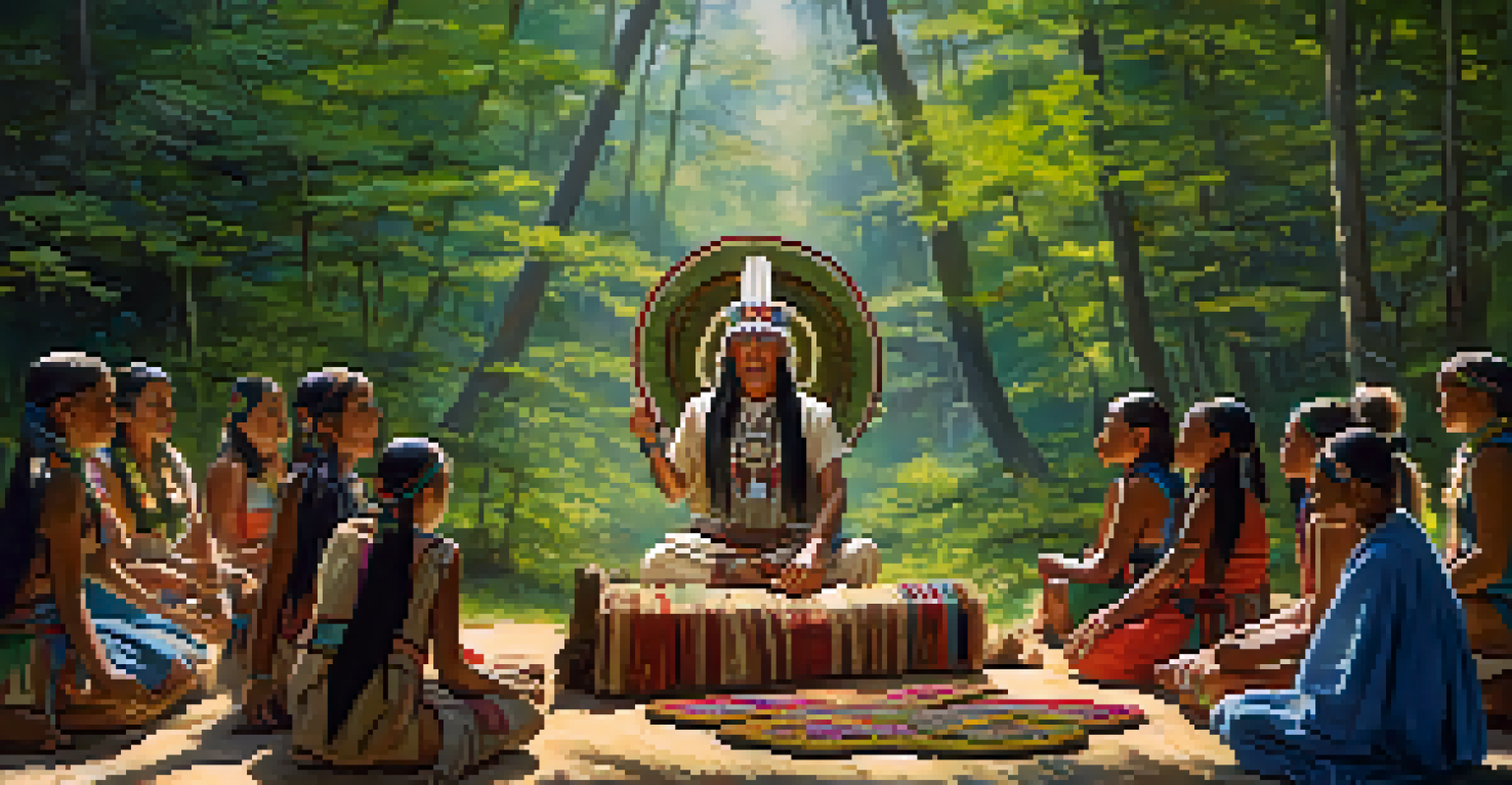 An elder conducting a peyote ritual with younger participants in a forest setting, illuminated by sunlight filtering through trees.