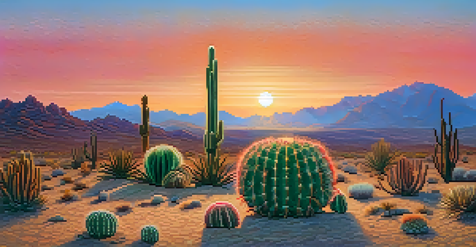 A landscape featuring peyote cacti at sunset with warm colors in the sky and distant mountains.