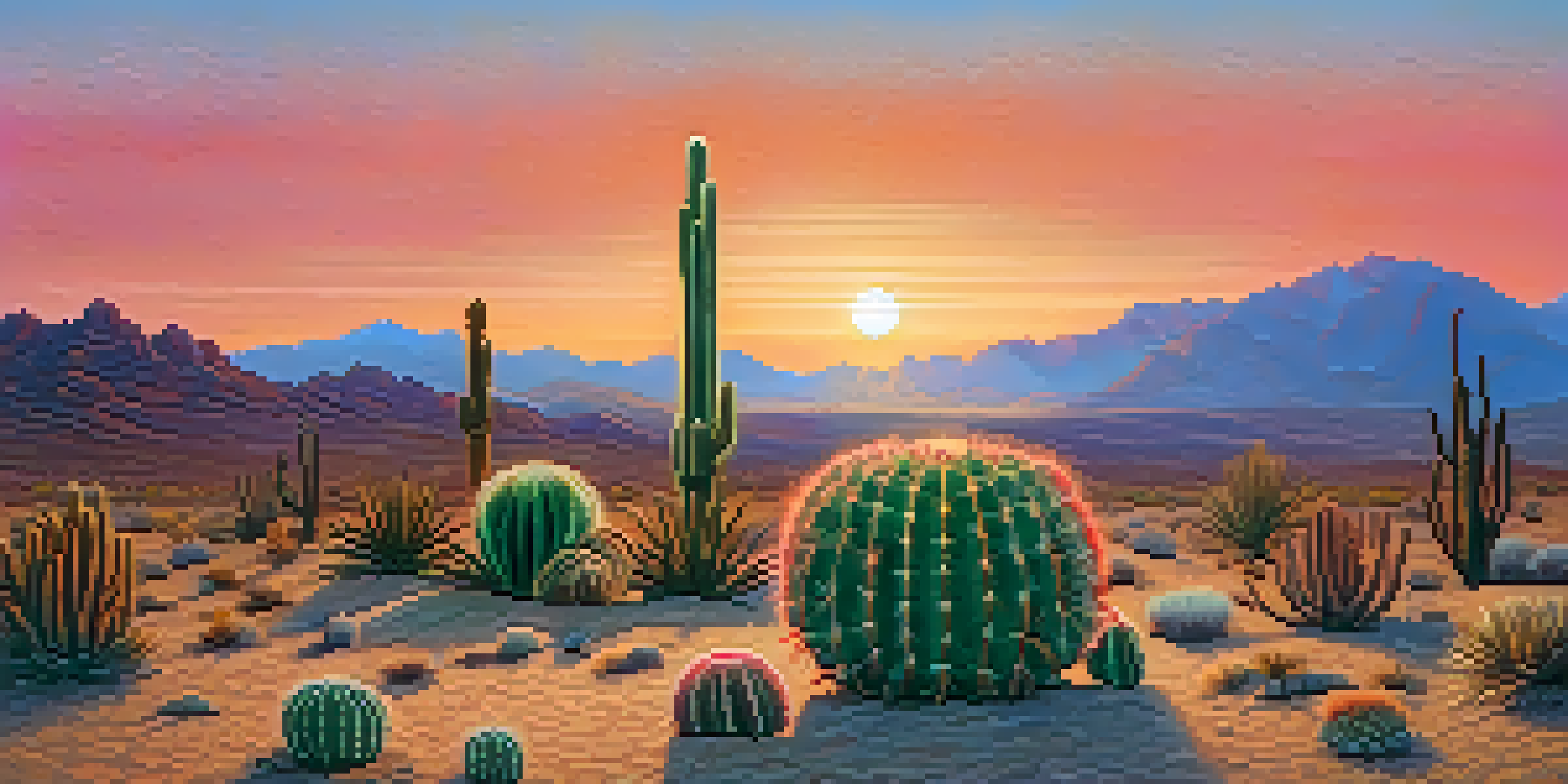 A landscape featuring peyote cacti at sunset with warm colors in the sky and distant mountains.