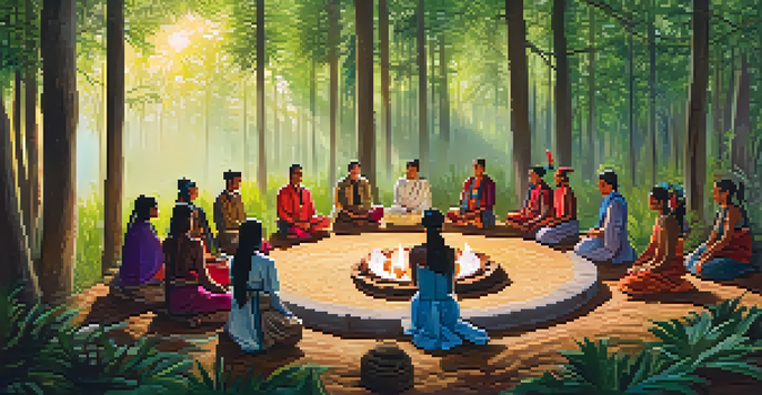 A peaceful peyote ceremony in a lush forest with participants in traditional attire sitting in a circle around a fire, illuminated by soft light.