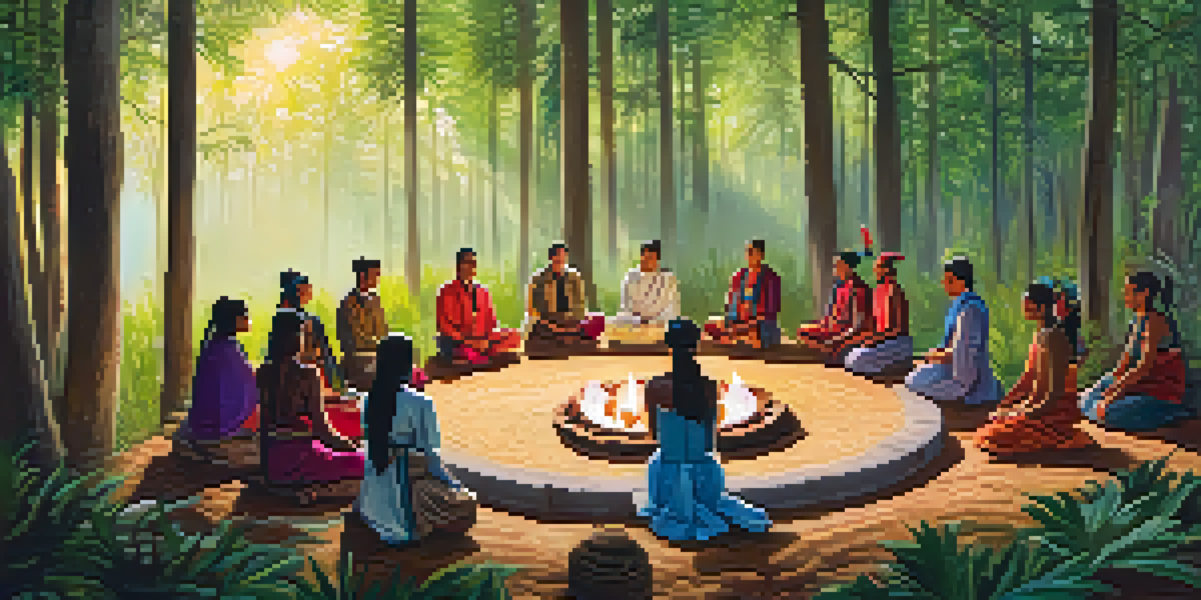 A peaceful peyote ceremony in a lush forest with participants in traditional attire sitting in a circle around a fire, illuminated by soft light.