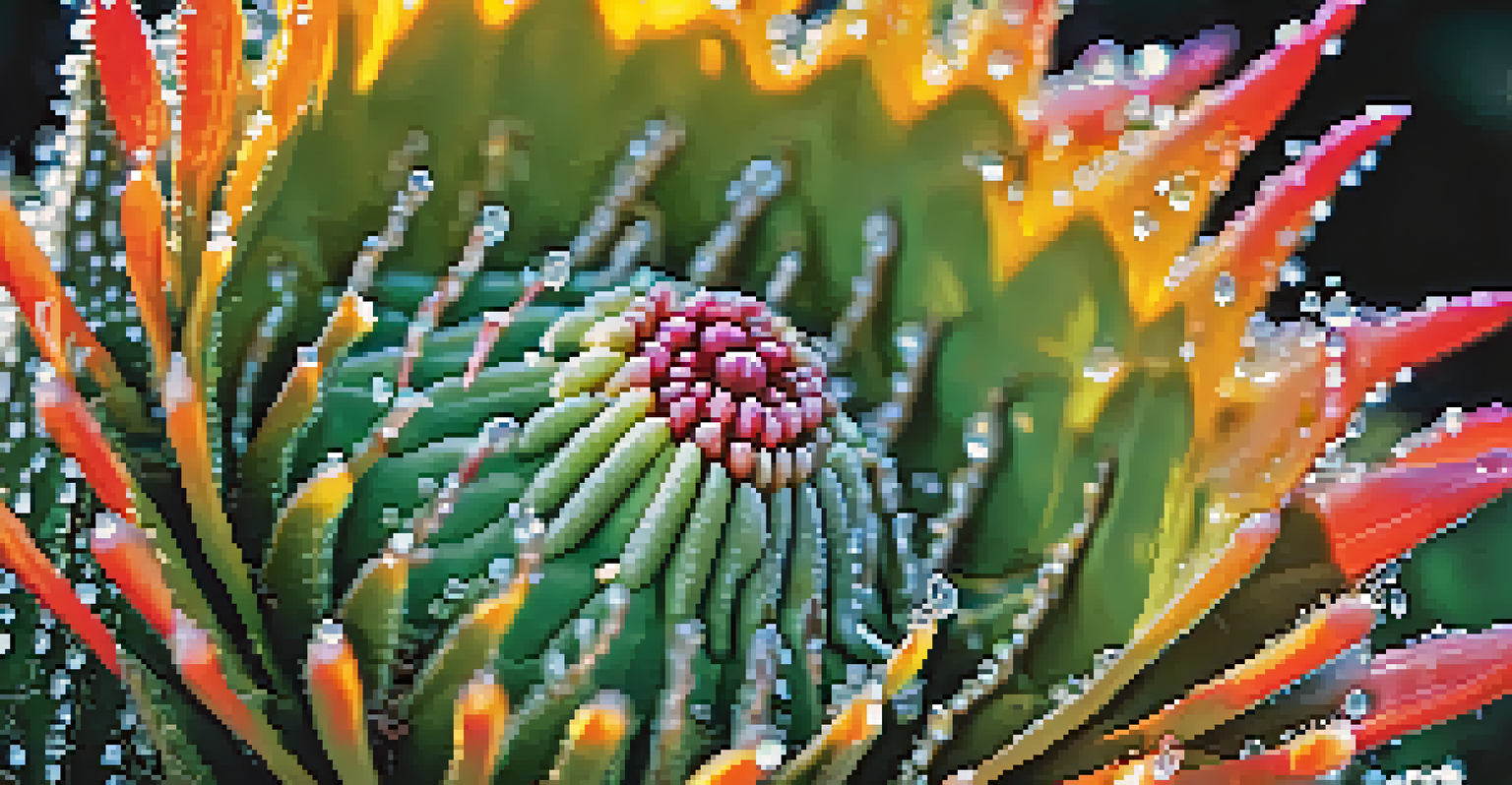A close-up of a peyote cactus with dew drops and soft sunlight in the background.