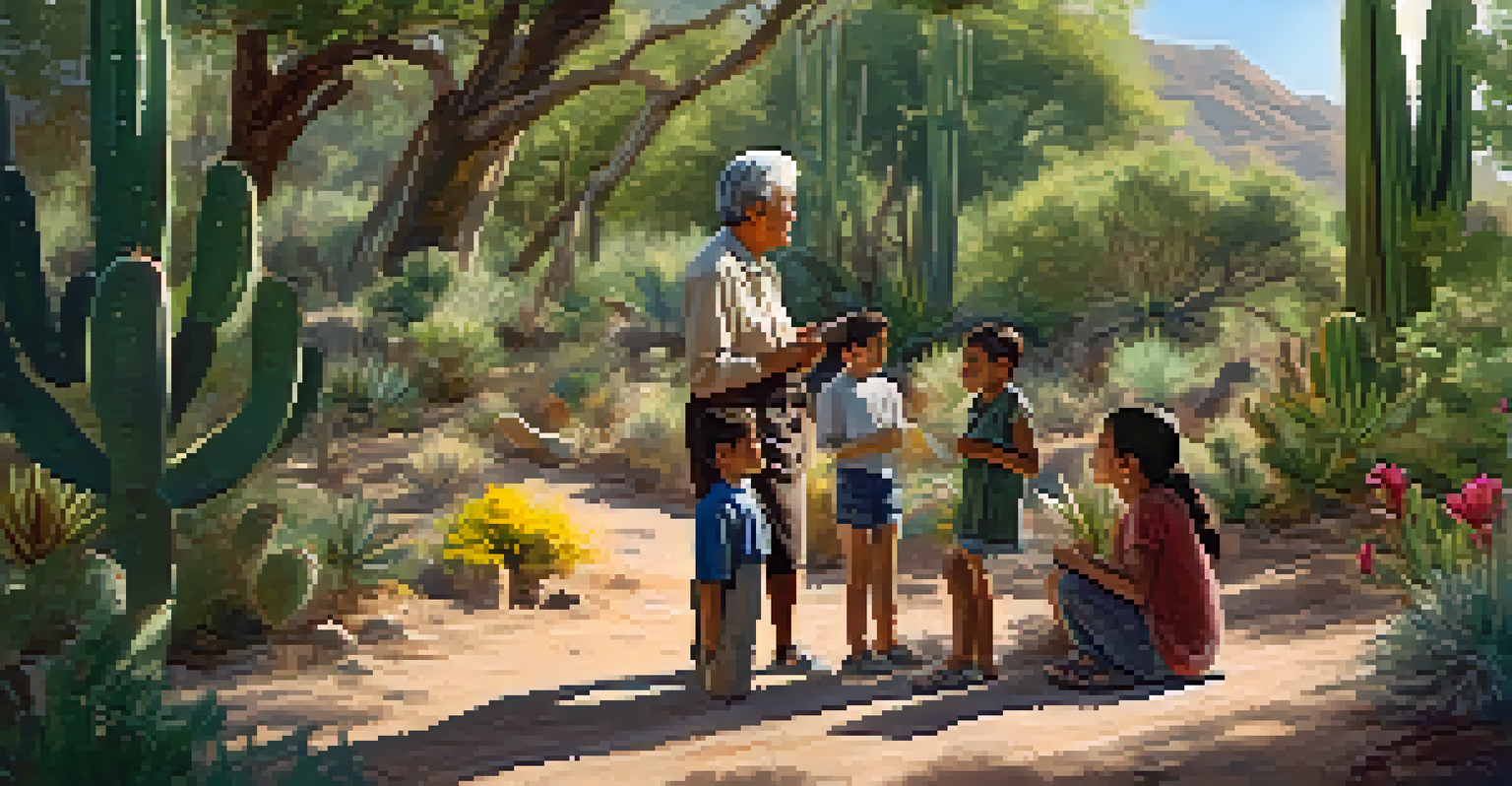 An elder teaching children in a natural setting, surrounded by cacti, as they learn a native language.