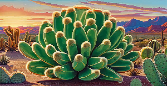 A close-up of a peyote cactus with a sunset background, surrounded by desert plants.