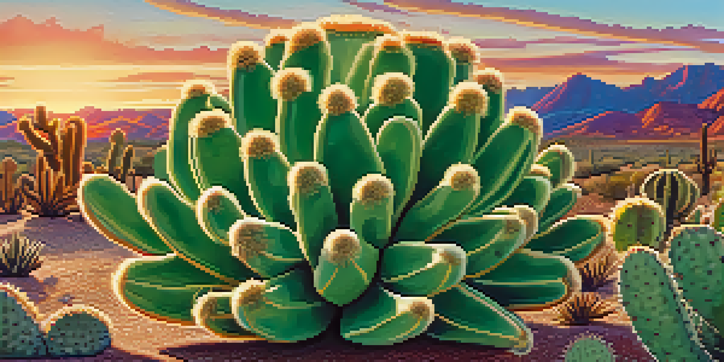 A close-up of a peyote cactus with a sunset background, surrounded by desert plants.