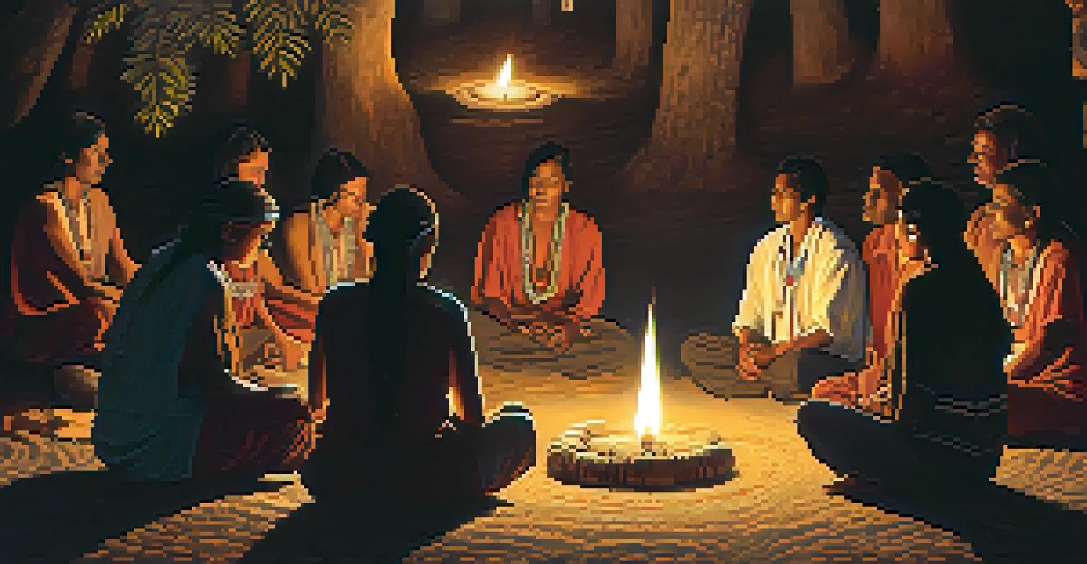A group of Indigenous individuals in a candlelit peyote ceremony, sitting in a circle with a serene atmosphere.