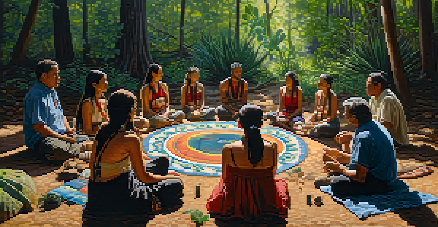 A group of people participating in a peyote ceremony in a forest surrounded by nature.