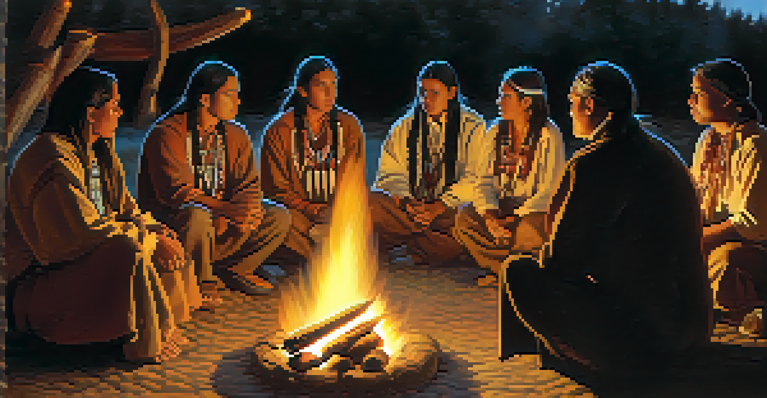 A group of Native American individuals in a ceremonial setting around a fire, engaged in discussion.
