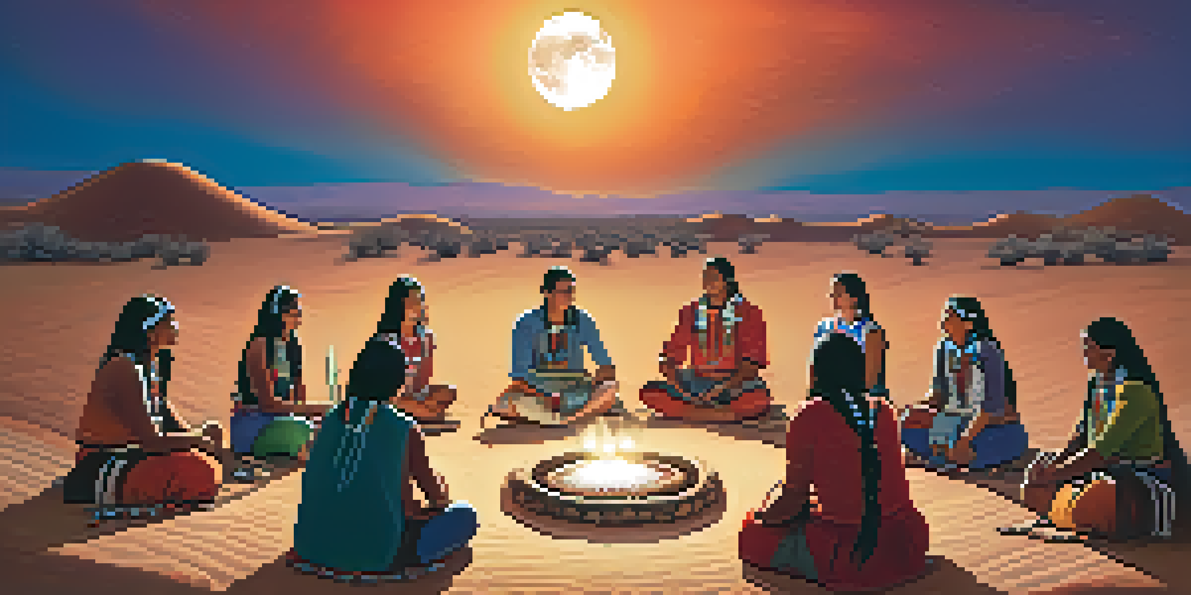 An Indigenous peyote ceremony in a desert, with participants in traditional attire around a fire under a full moon.