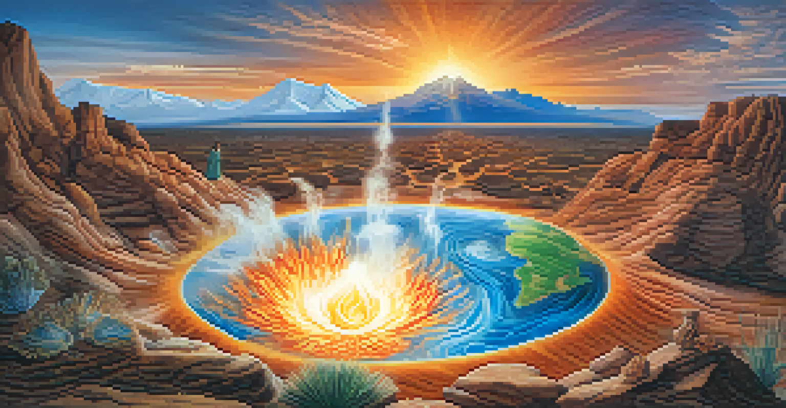 An artistic representation of a peyote ritual scene incorporating the four elements—earth, water, fire, and air—with participants engaged in a sacred ceremony in a vibrant desert landscape.