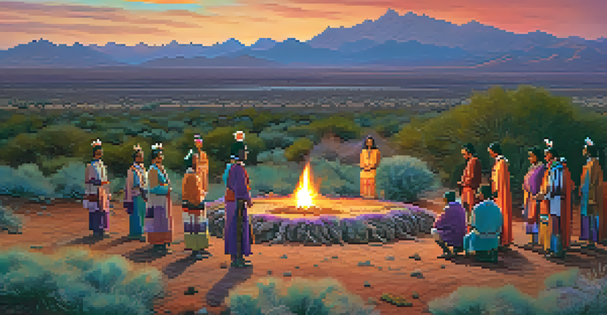 A sunset landscape showing a traditional Indigenous ceremony with colorful regalia around a peyote cactus.