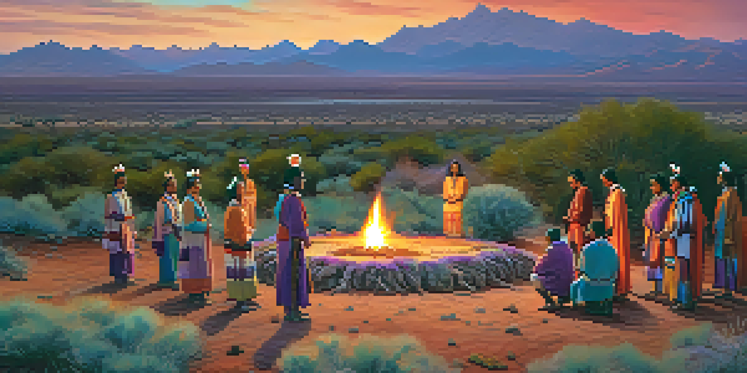 A sunset landscape showing a traditional Indigenous ceremony with colorful regalia around a peyote cactus.