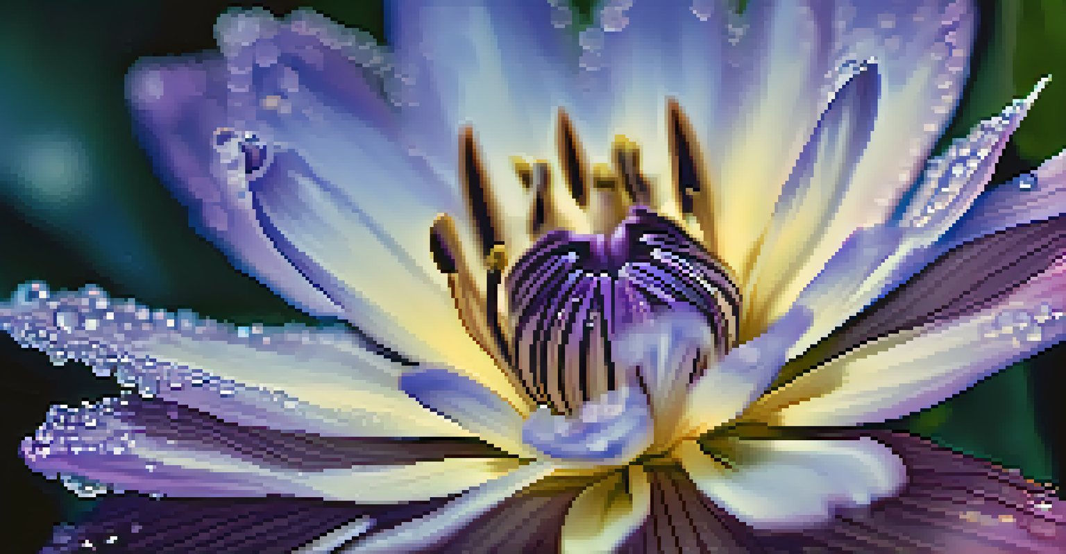 Close-up of a blooming blue and purple flower with dew droplets in morning sunlight.