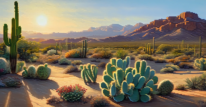 A desert scene at sunset with peyote cacti and colorful wildflowers under a golden sky.