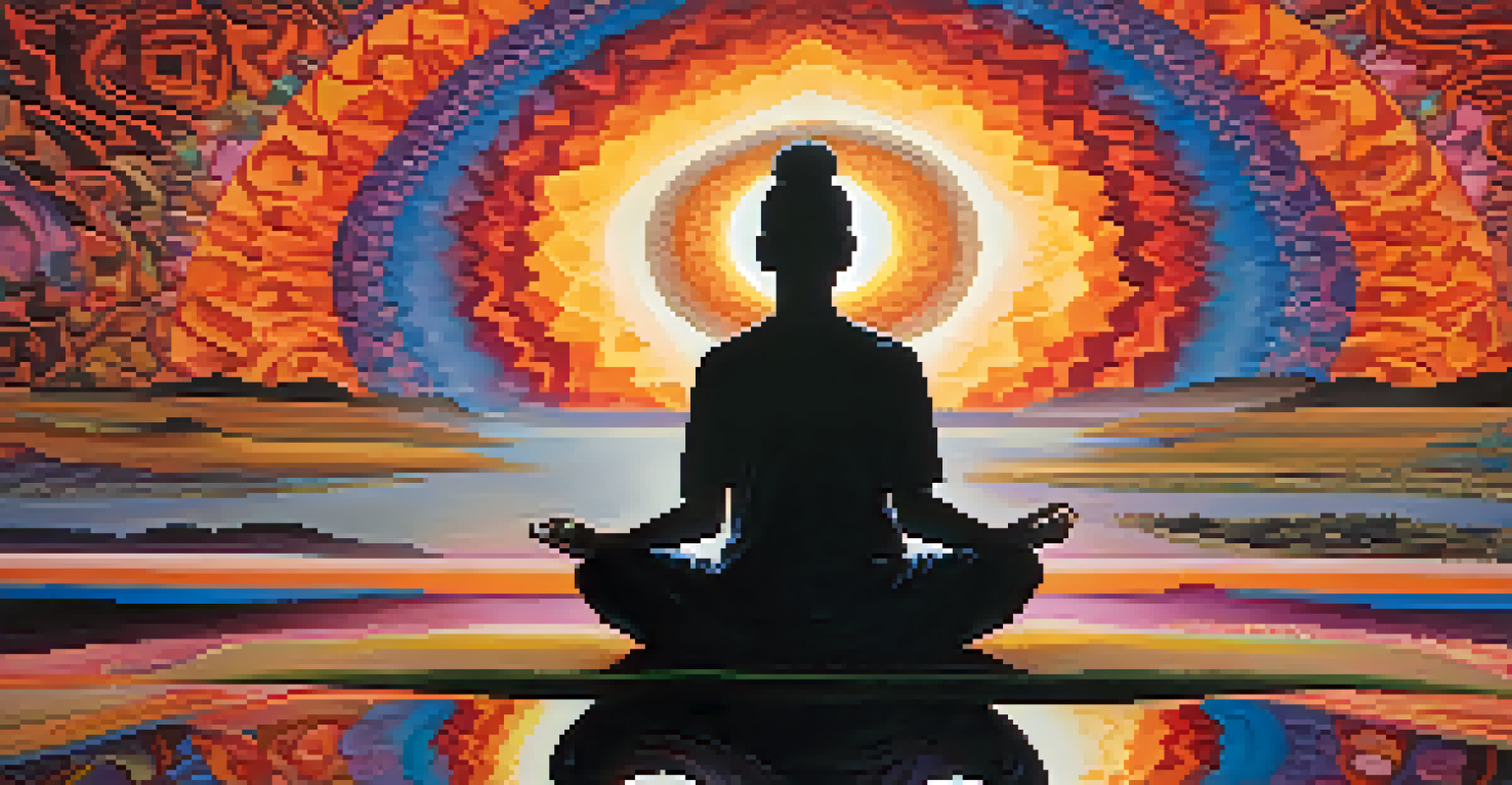 An abstract representation of introspection with a silhouette meditating in colorful, swirling patterns.