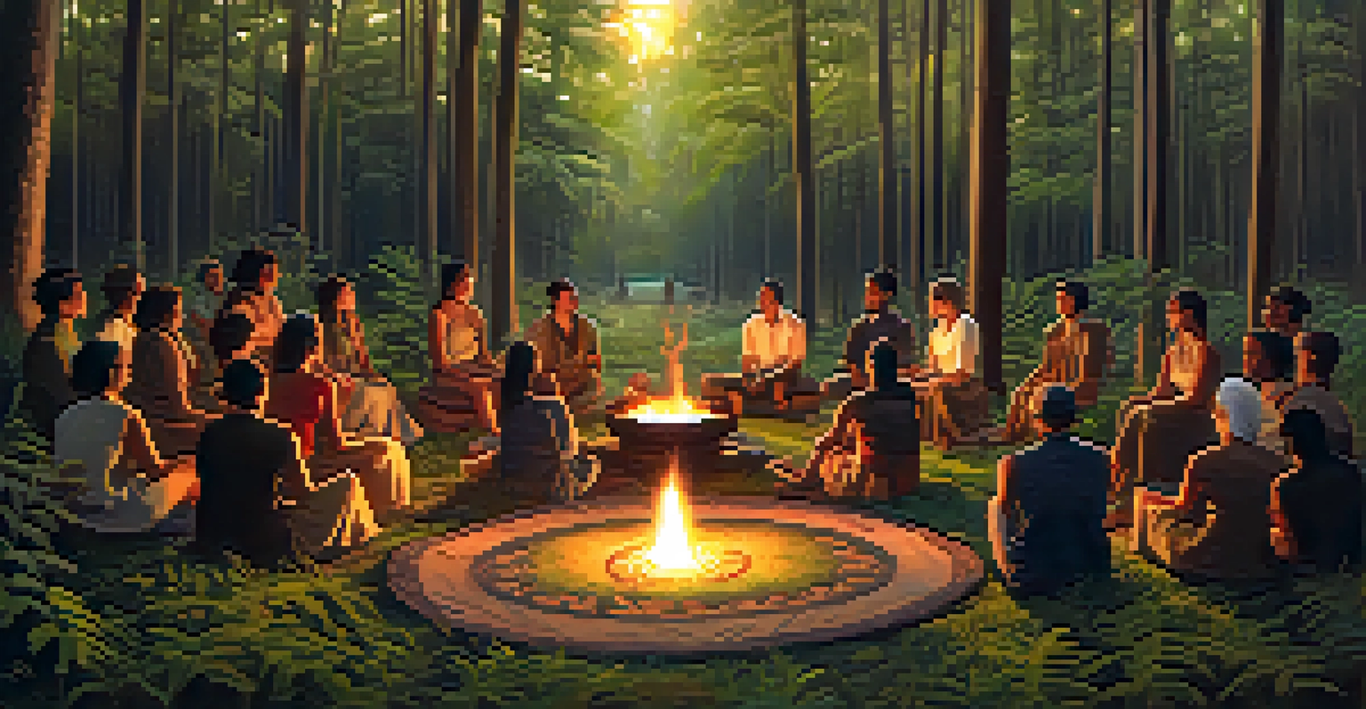 A group of people gathered in a forest for a ceremonial gathering around a fire, radiating warmth and connection.