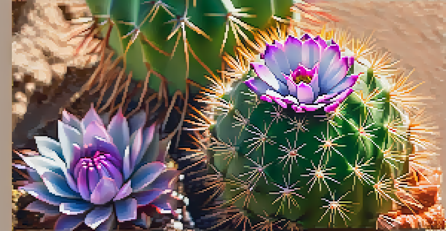 Close-up of a Peyote cactus with colorful flowers and detailed texture in natural sunlight.