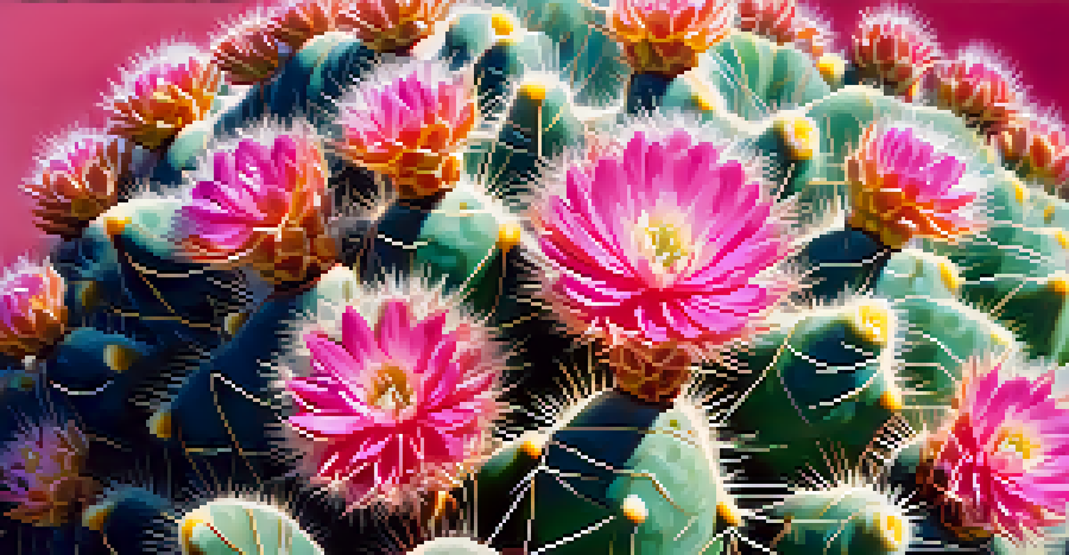 A detailed close-up of a peyote cactus with flowers, showcasing its unique texture and colors.