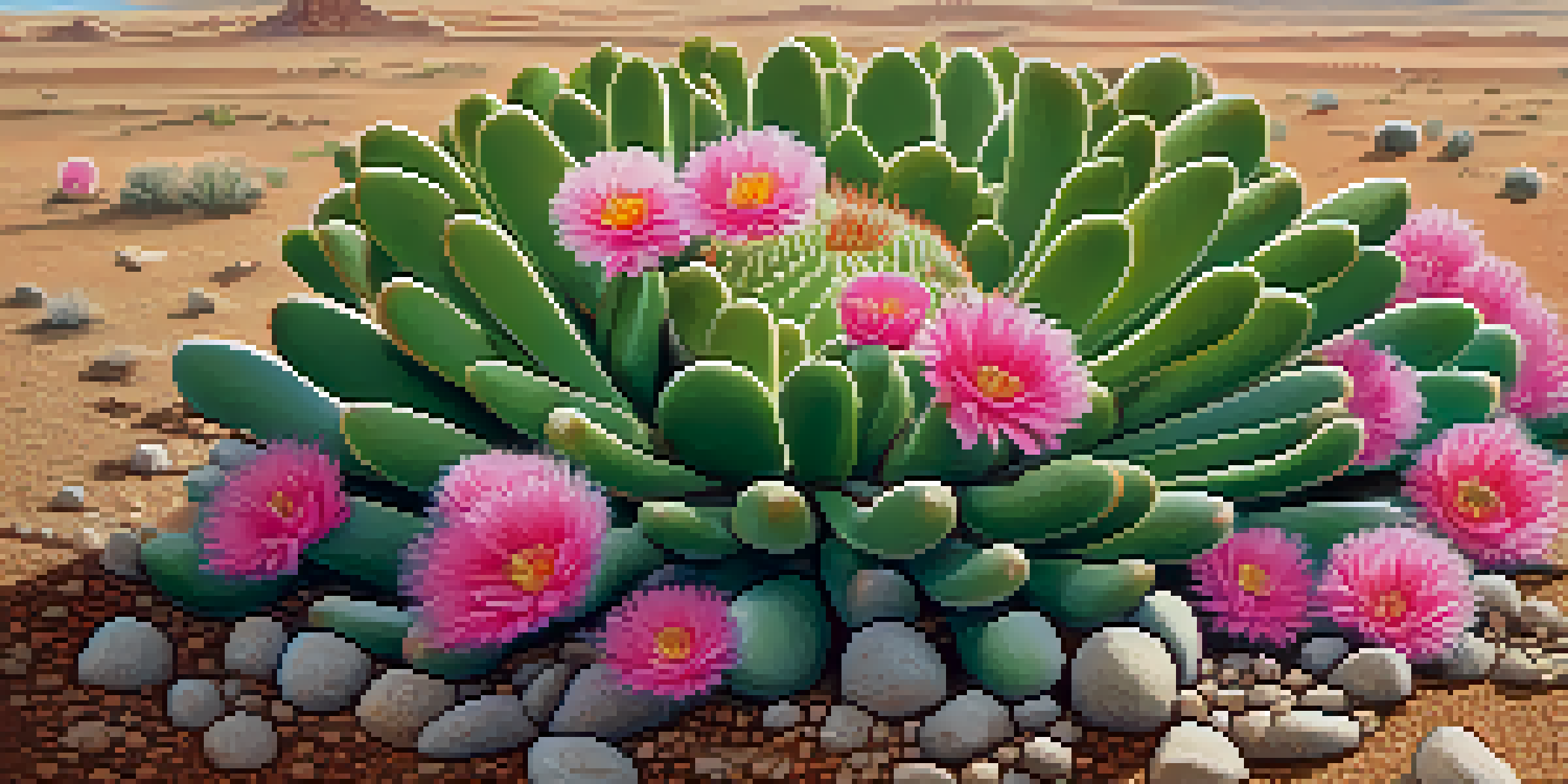 A detailed view of a Peyote cactus with pink flowers in a desert environment, emphasizing its texture and natural surroundings.