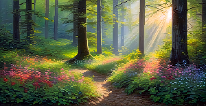 A peaceful forest at dawn with sunlight filtering through trees and colorful wildflowers in the foreground.