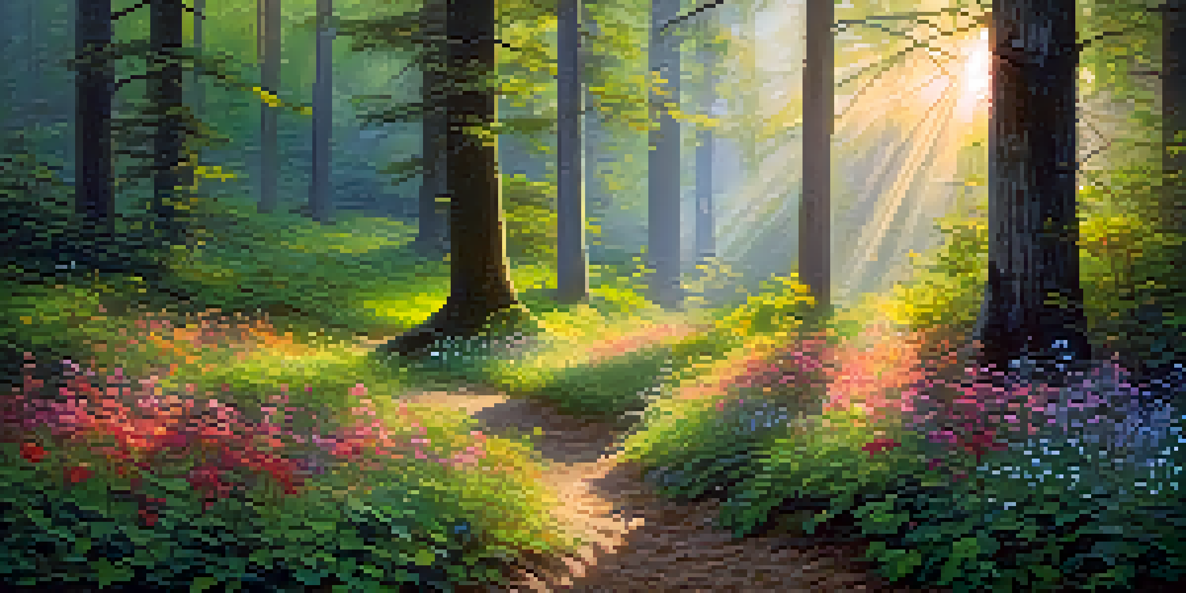 A peaceful forest at dawn with sunlight filtering through trees and colorful wildflowers in the foreground.