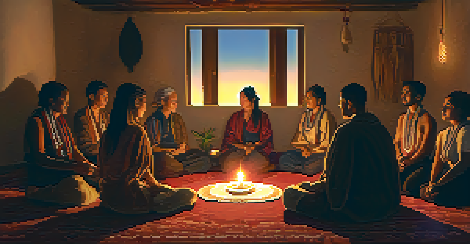A warm candlelit peyote ceremony with participants sitting in a circle, holding hands and sharing stories, with a peyote plant at the center.