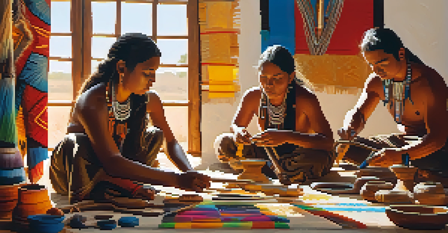 Indigenous artists creating ceremonial art, showcasing their focus and vibrant materials in a well-lit workspace.