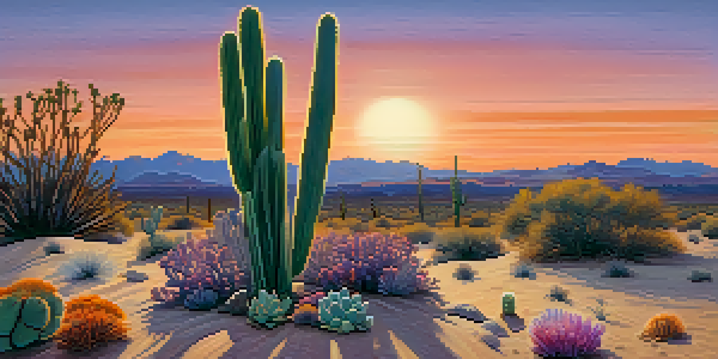 A desert landscape at dusk featuring a small peyote cactus with colorful flowers against a vibrant sky.