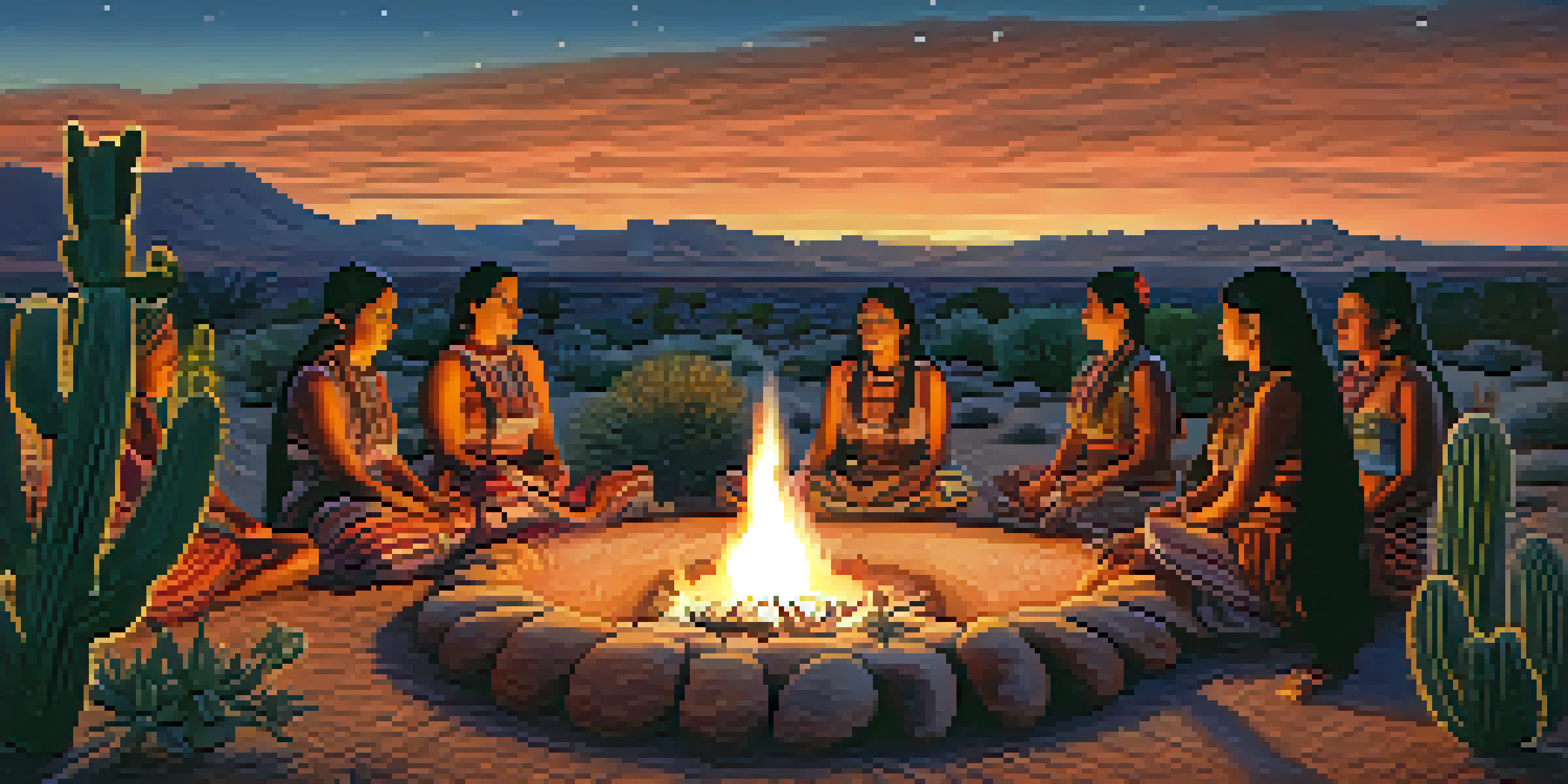 A group of Indigenous women in traditional attire participating in a peyote ceremony around a fire at dusk, surrounded by cacti and a starry sky.