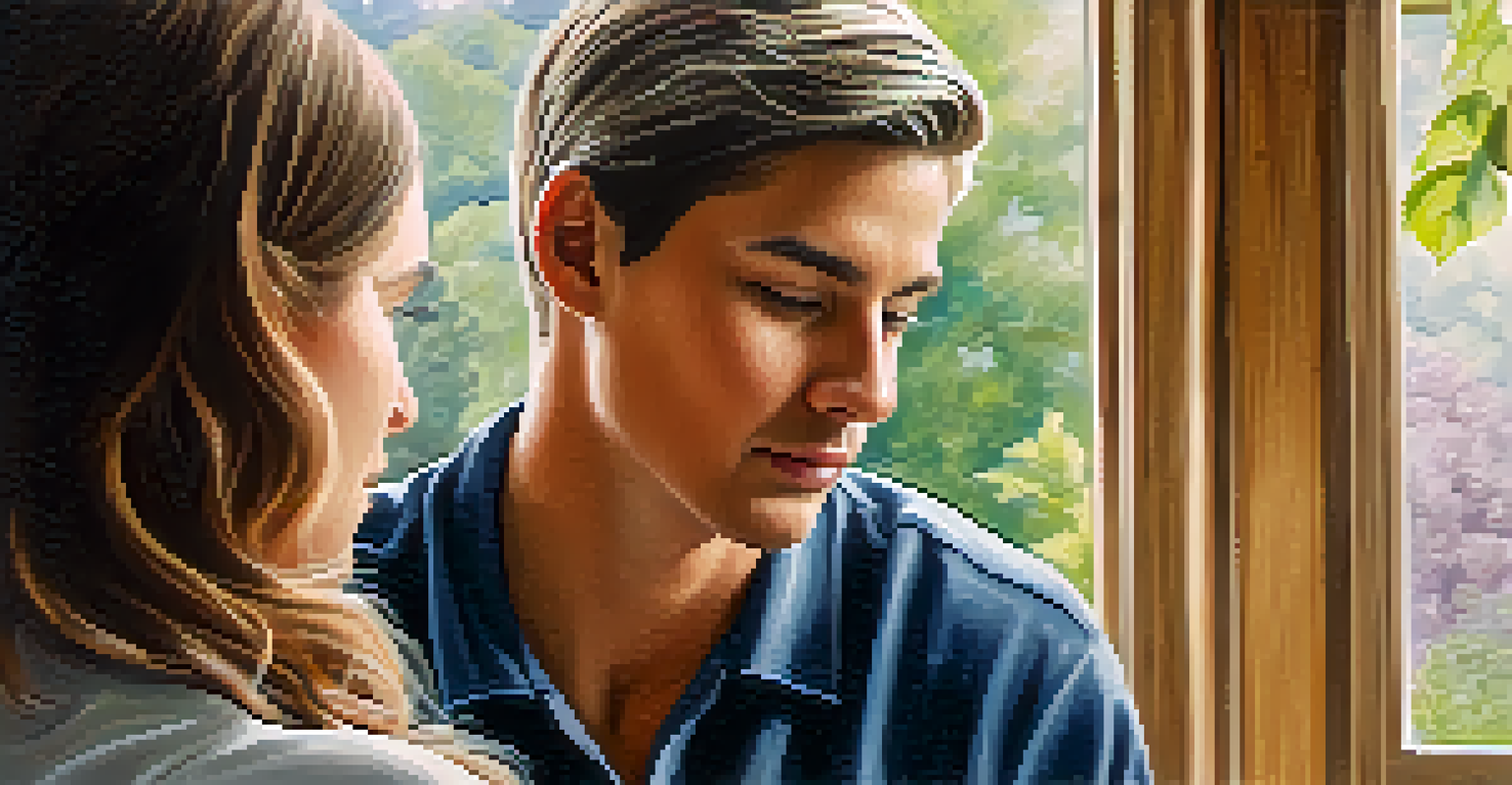 A facilitator guiding a participant in therapy, with a peaceful natural background visible through the window.