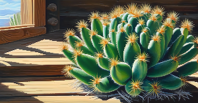A close-up of a peyote cactus on a wooden table, illuminated by soft sunlight.