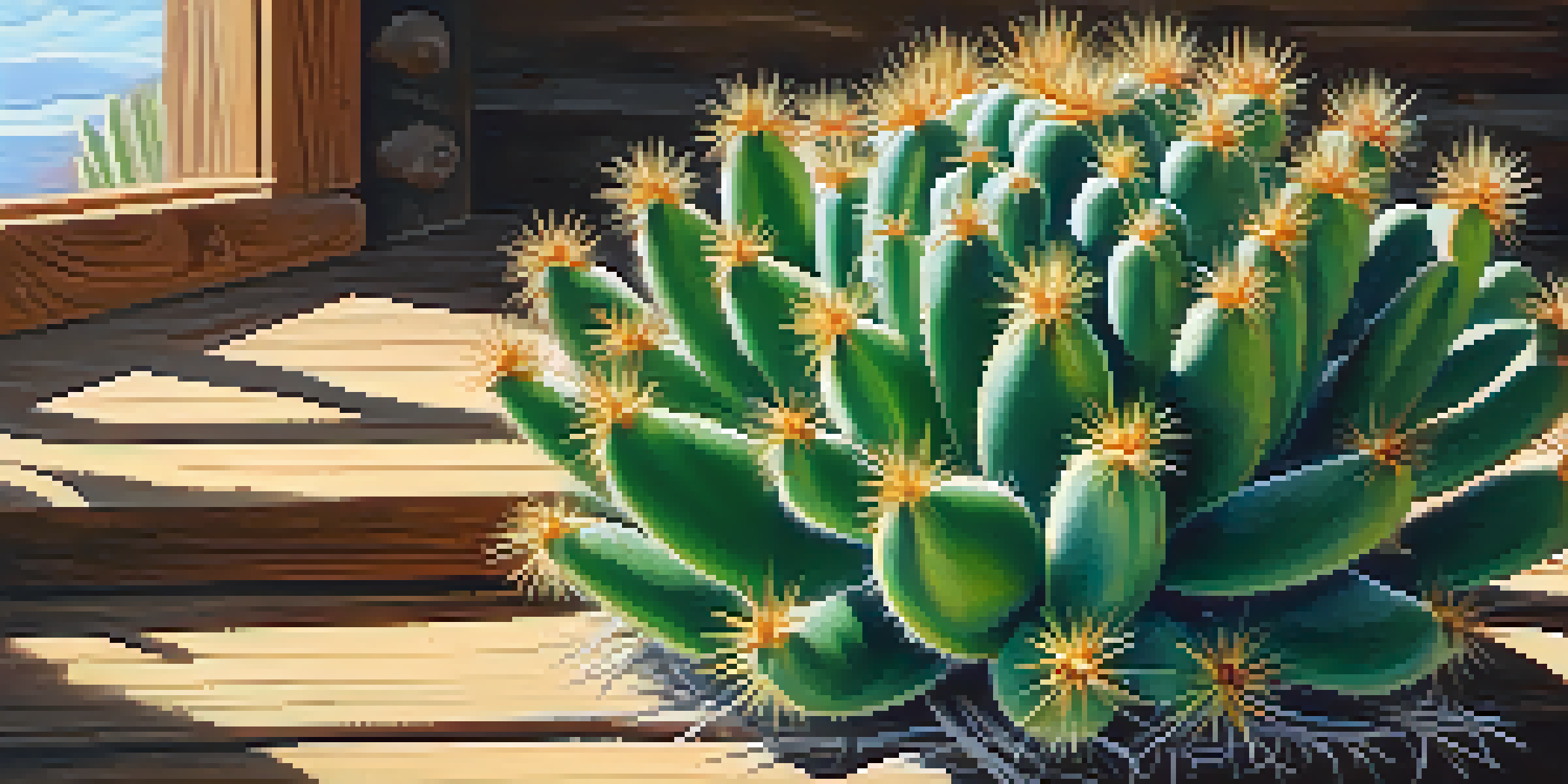 A close-up of a peyote cactus on a wooden table, illuminated by soft sunlight.