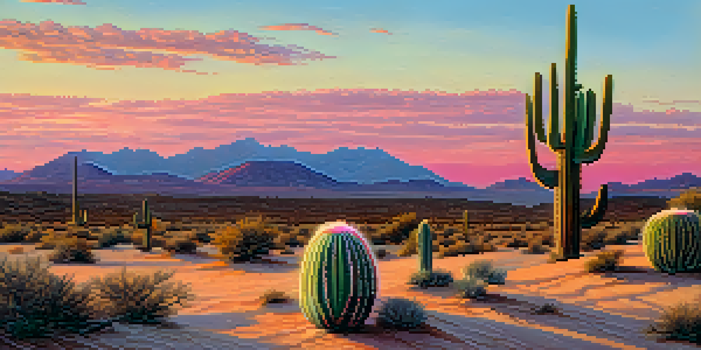 A sunset desert scene featuring a small peyote cactus in the foreground with colorful skies and distant mountains.