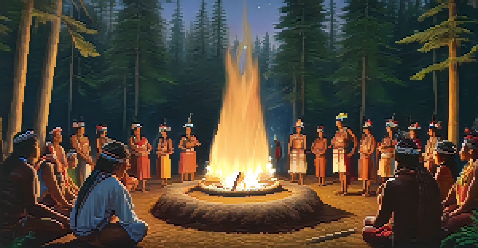 An Indigenous ceremony in a forest with people gathered around a fire.