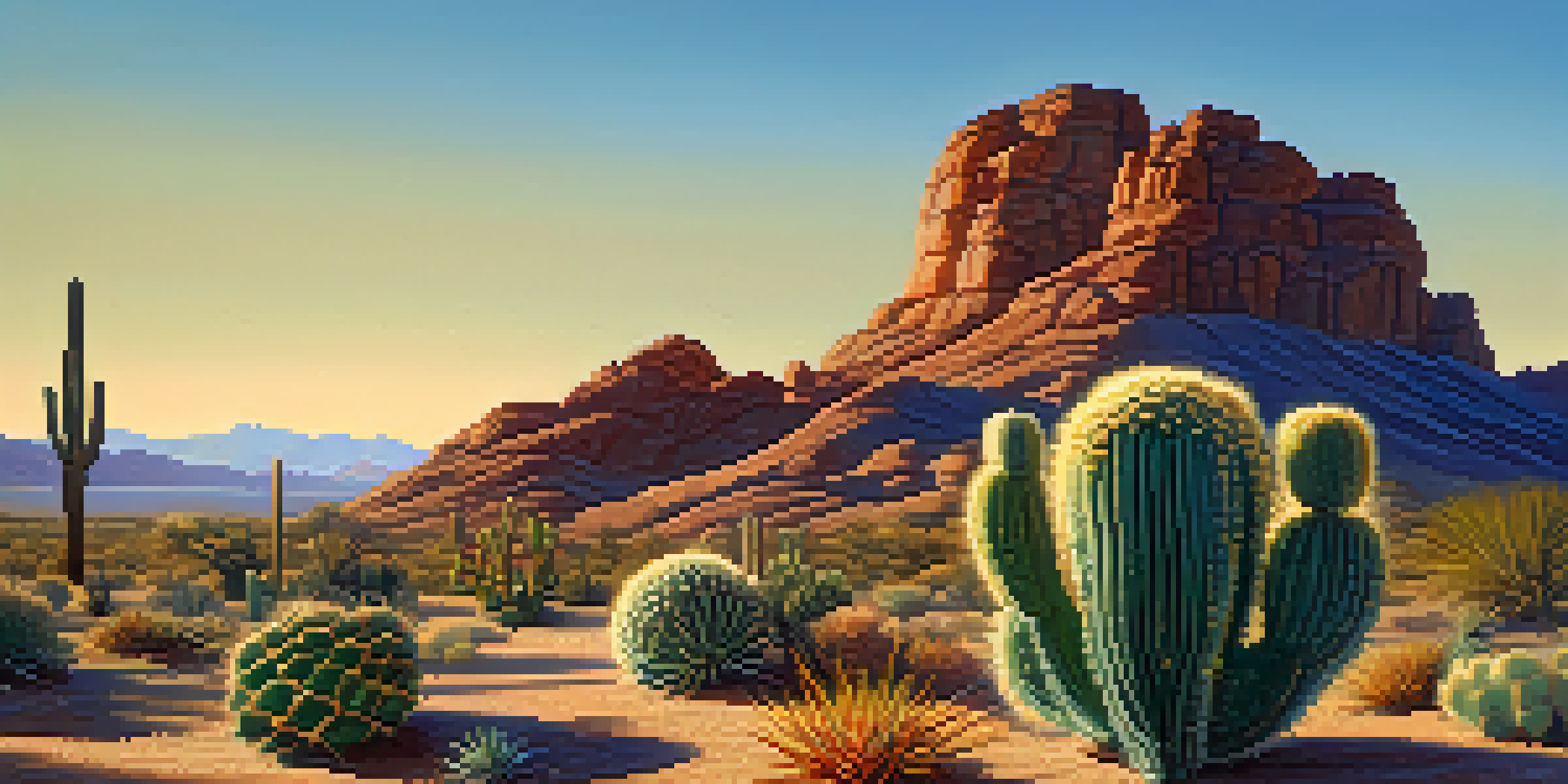 A beautiful desert landscape featuring a peyote cactus with colorful buttons, surrounded by various desert plants and mountains in the background under a clear sky.