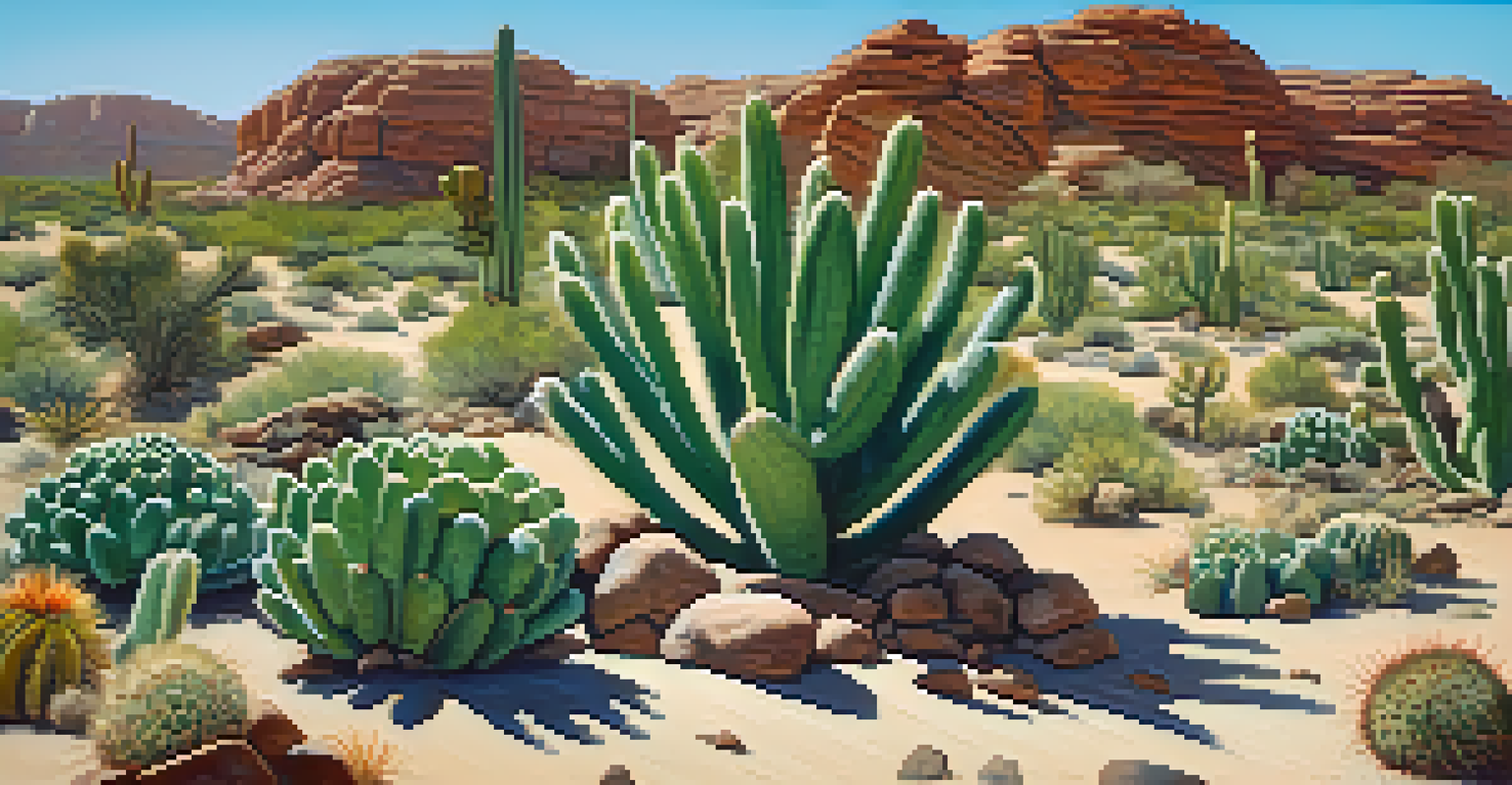 A serene desert landscape with multiple peyote cacti growing among rocky terrain under a clear blue sky.